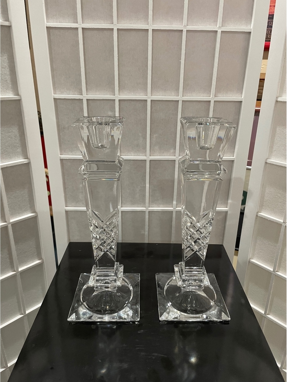 Pair of Vintage Clear Crystal Glass Candlestick Holders